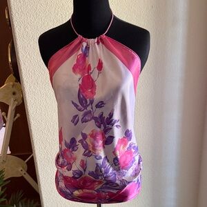 Chic Satin Floral Halter Neck Blouse - Pink and Purple